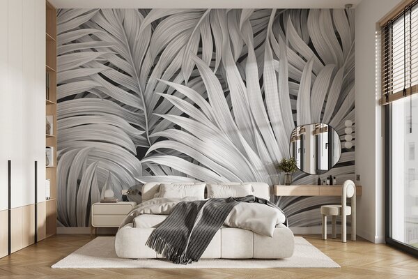 Tapet Frunze de palmier tropical cu textură monocromă, creând un imprimeu tropical, Fototapet Natură, Fototapet Foi de palmier, w09145 : Uwalls.ro