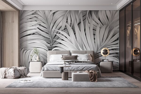 Tapet Frunze de palmier tropical cu textură monocromă, creând un imprimeu tropical, Fototapet Natură, Fototapet Foi de palmier, w09145 : Uwalls.ro