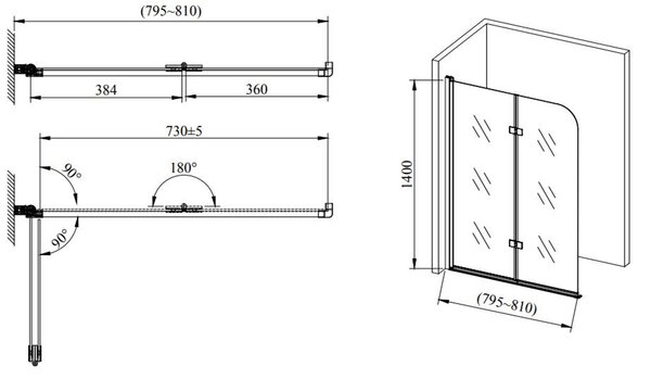 Hagser Anke paravan cadă 80 cm două piese negru mat/sticlă transparentă HGR60000023