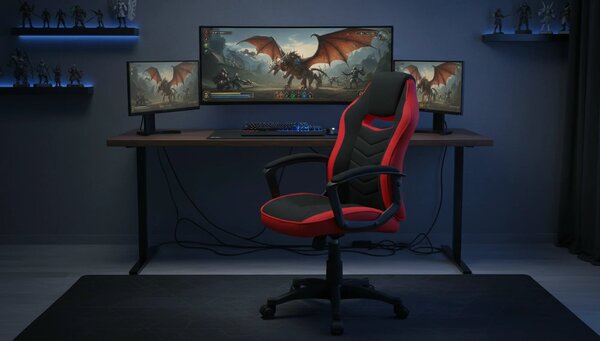 Scaun gaming CAMARO, negru/rosu, material textil, 59x49x106/116 cm