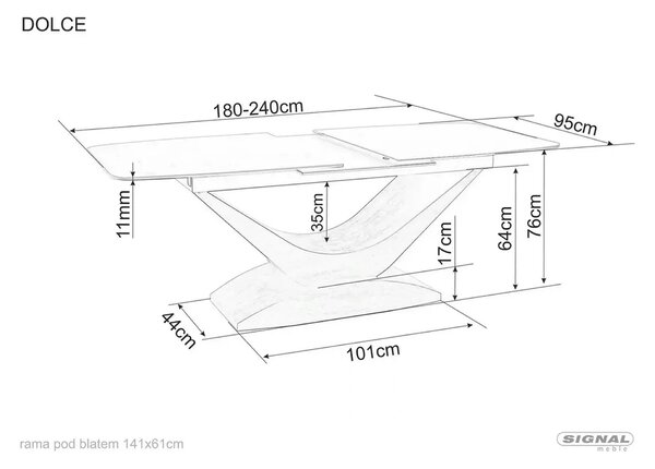 Masa sticla securizata DOLCE, gri mat/nuc, 180-240x95x76 cm