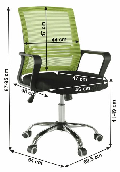 Scaun de birou APOLO, verde/negru, stofa/plasa/metal, 61x54x87/95 cm