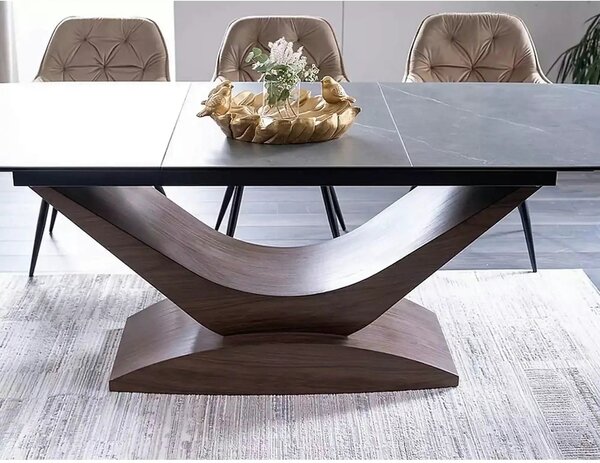 Masa sticla securizata DOLCE, gri mat/nuc, 180-240x95x76 cm