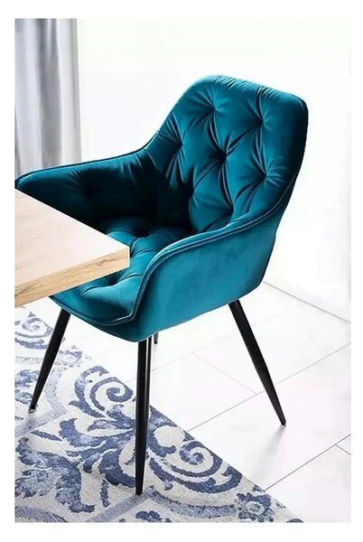 Scaun tapitat modern CHERRY, turcoaz/negru, stofa catifelata/metal, 57