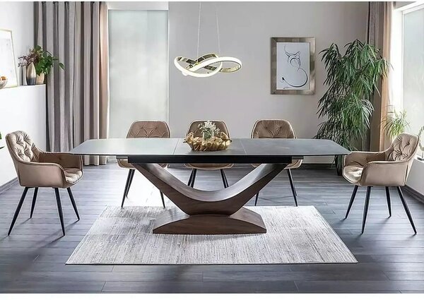 Masa sticla securizata DOLCE, gri mat/nuc, 180-240x95x76 cm