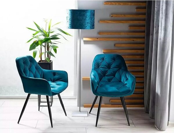 Scaun tapitat modern CHERRY, turcoaz/negru, stofa catifelata/metal, 57