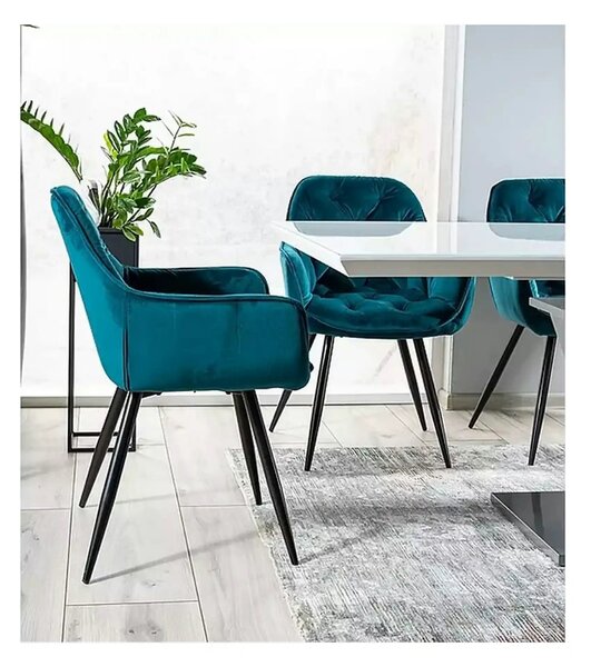 Scaun tapitat modern CHERRY, turcoaz/negru, stofa catifelata/metal, 57
