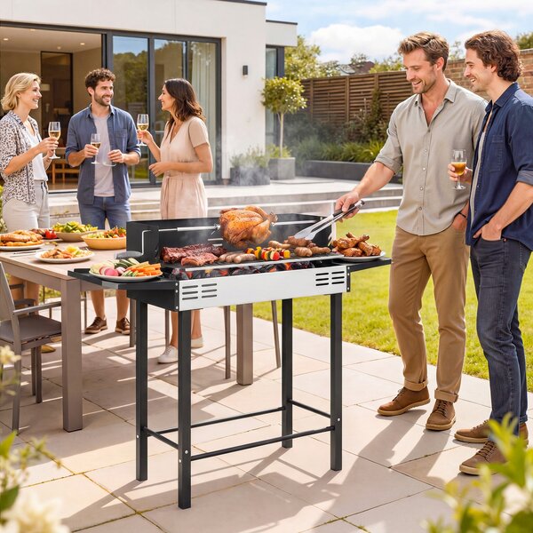Outsunny BBQ Rotisserie Grill Charcoal Split Roaster for Chicken Turkey 3-Level Grill Grate, Storage Shelves, Stainless Steel | Aosom Romania