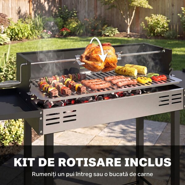 Outsunny BBQ Rotisserie Grill Charcoal Split Roaster for Chicken Turkey 3-Level Grill Grate, Storage Shelves, Stainless Steel | Aosom Romania