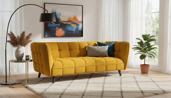 Canapea CASTELLO 3, galben/wenge, stofa catifelata/lemn/PAL, 200x85x7