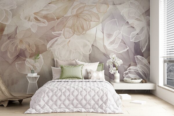 Tapet Flori și frunze cu petale transparente în nuanțe de alb, bej și violet, moi și delicate, Fototapet Flori, w09158 : Uwalls.ro