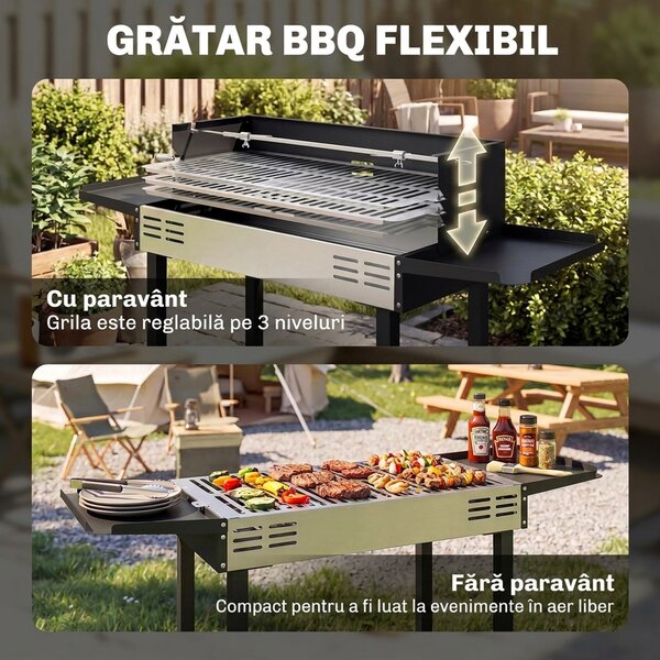 Outsunny BBQ Rotisserie Grill Charcoal Split Roaster for Chicken Turkey 3-Level Grill Grate, Storage Shelves, Stainless Steel | Aosom Romania