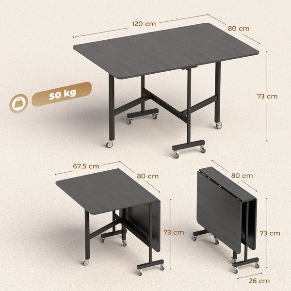 HOMCOM Masă de Dining Pliabilă, Masă de Bucătărie Rabatabilă cu Roți cu Frână pentru 4-6 Persoane, Birou Compact cu Cadru din Oțel, pentru Living, 120x80x73 cm, Negru cu Efect de Lemn | Aosom Romania