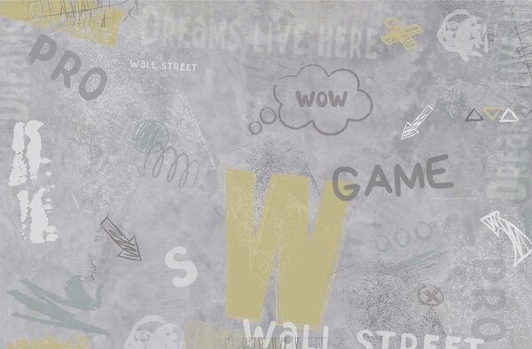 Tapet Design în stil street art cu inscripții de culoare galbenă pe fundalul peretelui, Fototapet pentru camera unui adolescent, w04056 : Uwalls.ro