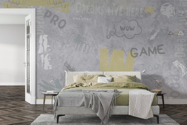 Tapet Design în stil street art cu inscripții de culoare galbenă pe fundalul peretelui, Fototapet pentru camera unui adolescent, w04056 : Uwalls.ro