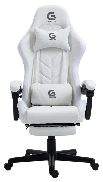 Scaun gaming, boxe Bluetooth, sistem iluminare bandă LED RGB, masaj în perna lombară, suport picioare, Alb