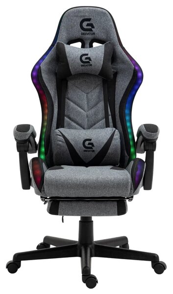 Scaun gaming, sistem iluminare bandă LED RGB, cu masaj în perna lombară, suport picioare, material textil, Gri/Negru
