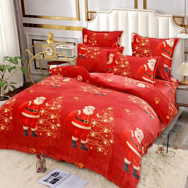 Lenjerie de pat, Cocolino, 2 persoane, 6 piese, roșu , cu Mos Craciun, CC668