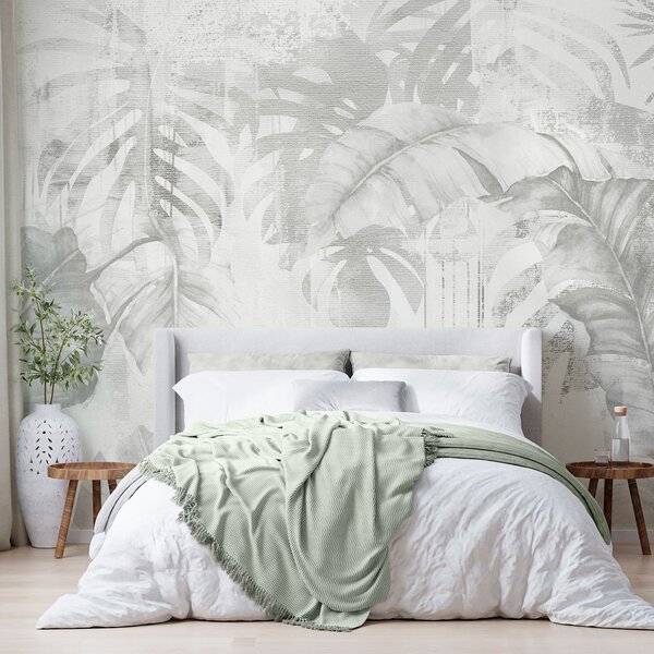 Tapet Frunze tropicale în stil grunge, nuanțe monocrome, Fototapet Natură, Fototapet Foi de palmier, w03956v1 : Uwalls.ro