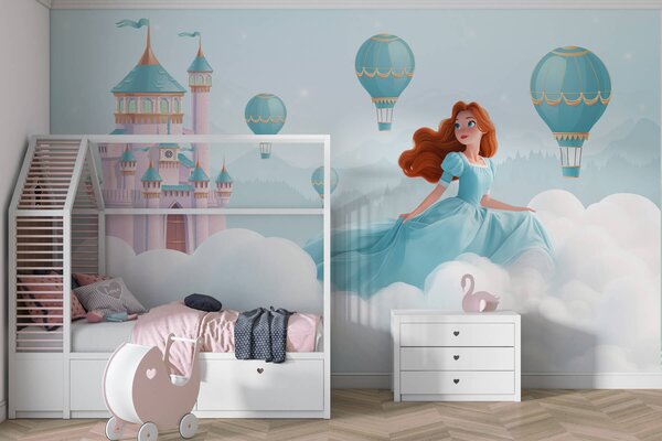 Tapet Prințesa printre nori pe fundalul peisajului cu castelul, Fototapet Pentru Copii, Fototapet Baloane, w04015 : Uwalls.ro