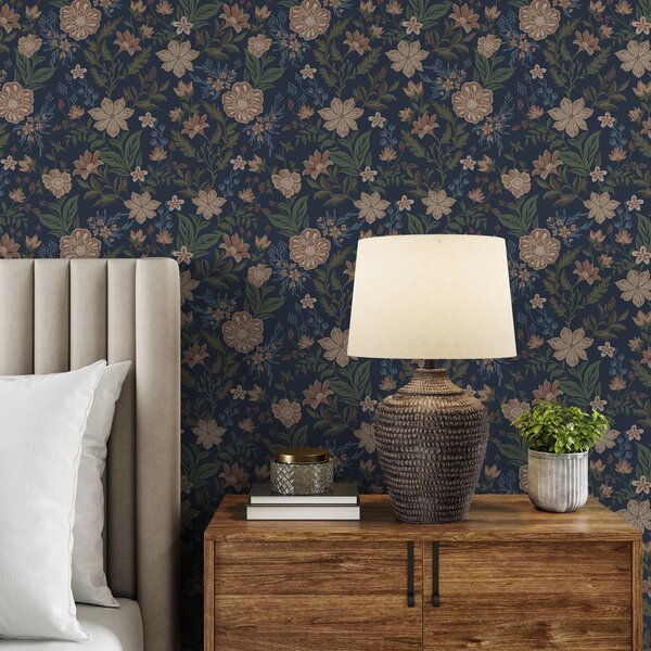 Tapet Model floral albastru închis în stil vintage, Tapet stil englezesc, a00183 : Uwalls.ro