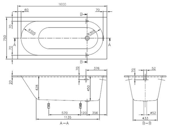 Villeroy & Boch Oberon cada dreptunghiulară 160x75 cm alb UBQ160OBE2V-01