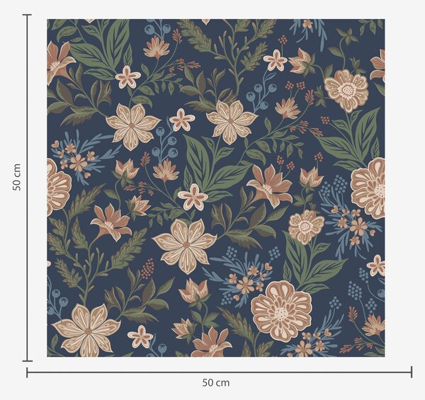 Tapet Model floral albastru închis în stil vintage, Tapet stil englezesc, a00183 : Uwalls.ro