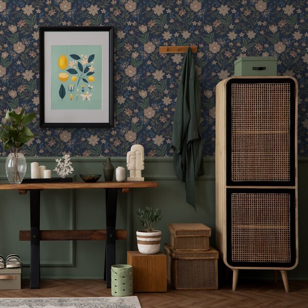 Tapet Model floral albastru închis în stil vintage, Tapet stil englezesc, a00183 : Uwalls.ro