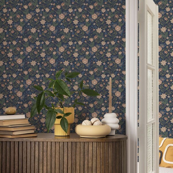 Tapet Model floral albastru închis în stil vintage, Tapet stil englezesc, a00183 : Uwalls.ro