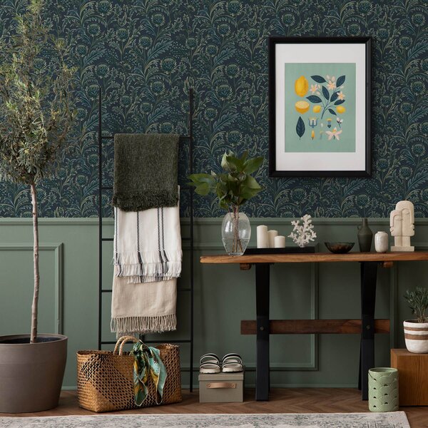 Tapet Model floral verde închis cu anghinare, Tapet flori, a00186 : Uwalls.ro