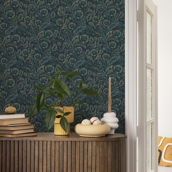 Tapet Model floral verde închis cu anghinare, Tapet flori, a00186 : Uwalls.ro