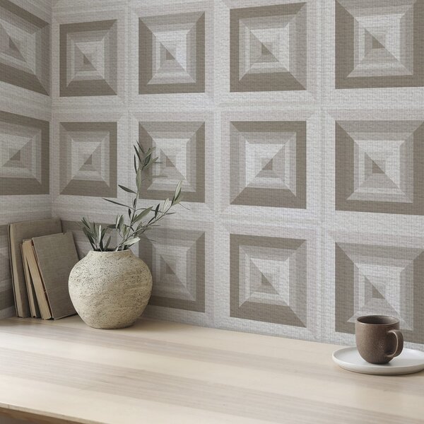 Tapet Model geometric tridimensional în gri și bej, Tapete scandinav, a00187 : Uwalls.ro