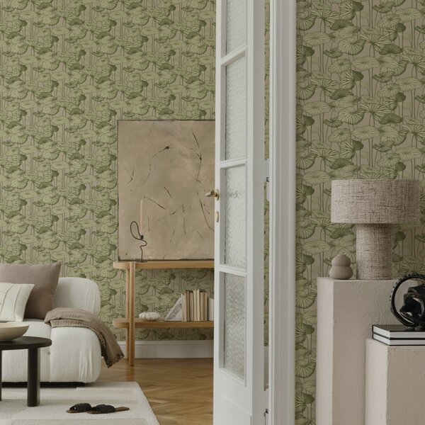 Tapet Grafic frunze de lotus în stil retro pe un fundal bej, Tapet flori, a00188 : Uwalls.ro