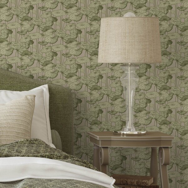 Tapet Grafic frunze de lotus în stil retro pe un fundal bej, Tapet flori, a00188 : Uwalls.ro