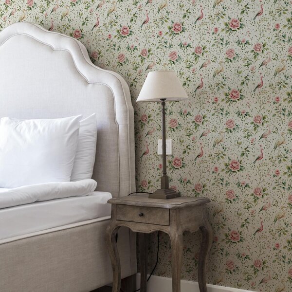 Tapet Trandafiri roz pastel și păsări în stil shabby chic, Tapet stil englezesc, a00201 : Uwalls.ro