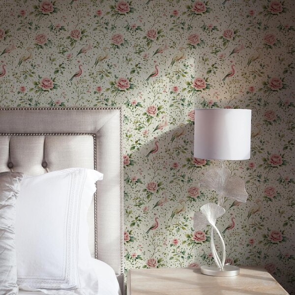 Tapet Trandafiri roz pastel și păsări în stil shabby chic, Tapet stil englezesc, a00201 : Uwalls.ro