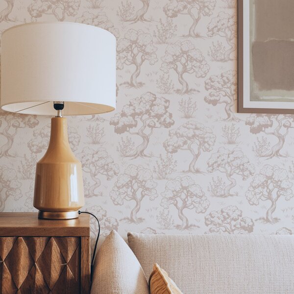 Tapet Siluete monocromatice de copaci în stil vintage, schema de culori bej, Tapet stil englezesc, a00210 : Uwalls.ro