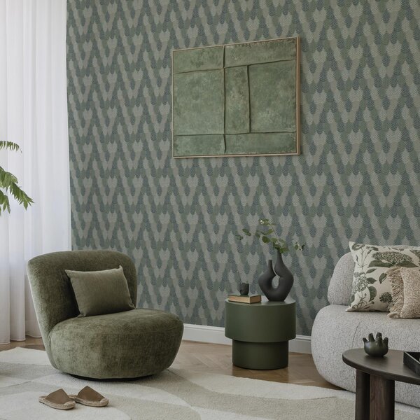 Tapet Frunze de ferigă, model geometric, culori verde și albastru, Tapet loft, a00211 : Uwalls.ro