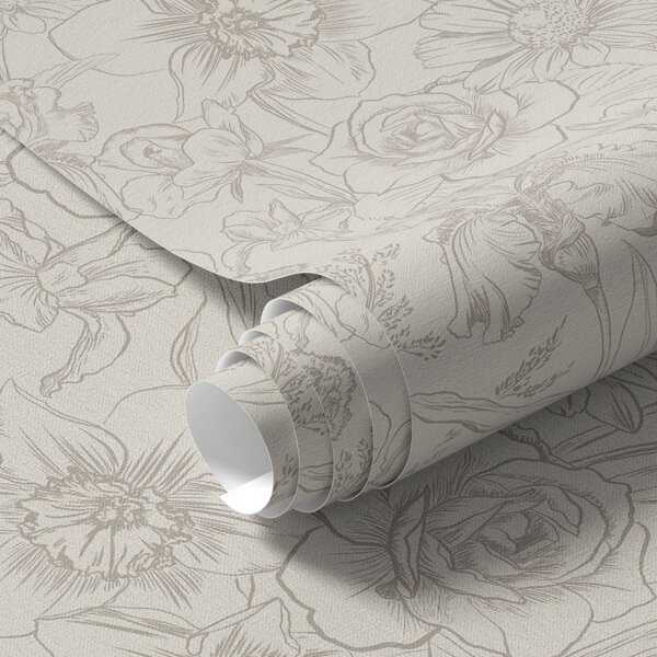Tapet Contour flori pe un fundal crem, model floral delicat, Tapet rustic, a00218 : Uwalls.ro