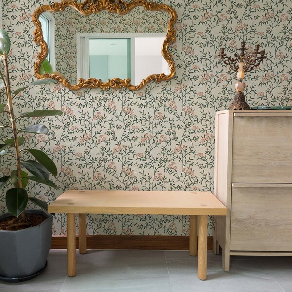 Tapet Ramuri întredeschise cu flori de coral, model floral, Tapet stil englezesc, a00221 : Uwalls.ro