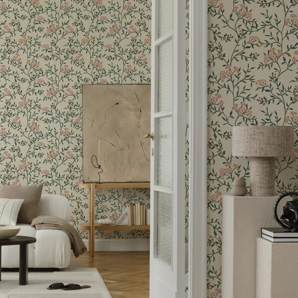 Tapet Ramuri întredeschise cu flori de coral, model floral, Tapet stil englezesc, a00221 : Uwalls.ro