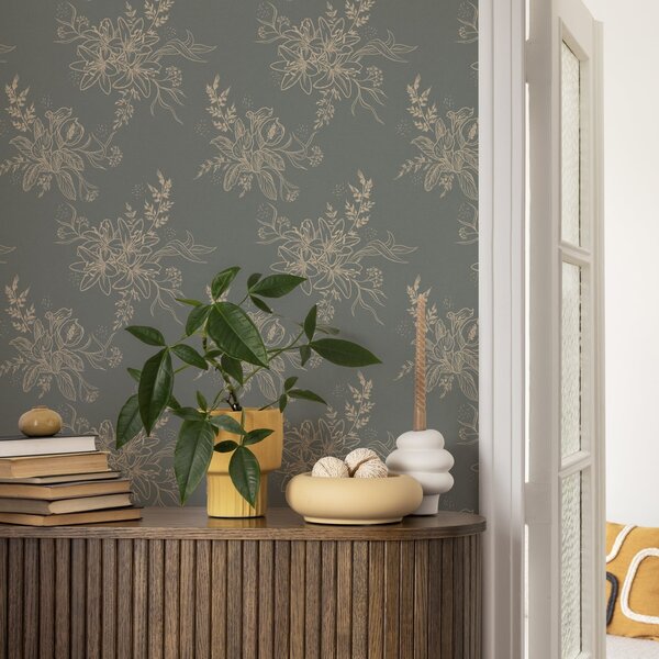 Tapet Flori de contur pe fundal albastru-cenușiu, model botanic elegant, Tapet flori, a00226 : Uwalls.ro
