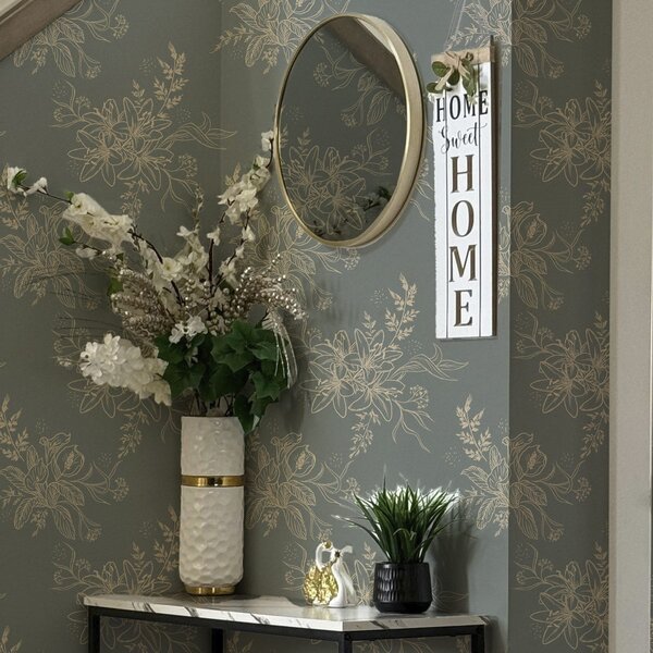 Tapet Flori de contur pe fundal albastru-cenușiu, model botanic elegant, Tapet flori, a00226 : Uwalls.ro
