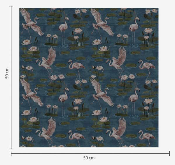 Tapet Flamingo printre nuferi, scenă tropicală pe fundal albastru marin, Tapet flori, a00237 : Uwalls.ro