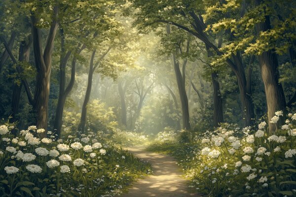 Tapet Cărare în pădurea verde, flori albe, lumina soarelui, desen în stil acrilic, Fototapet Natură, w04119 : Uwalls.ro