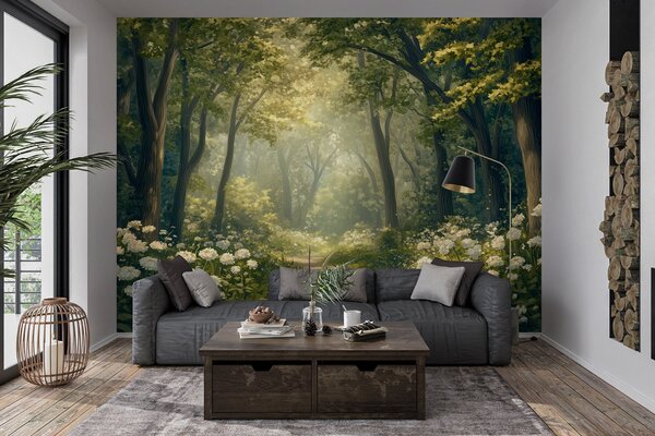 Tapet Cărare în pădurea verde, flori albe, lumina soarelui, desen în stil acrilic, Fototapet Natură, w04119 : Uwalls.ro