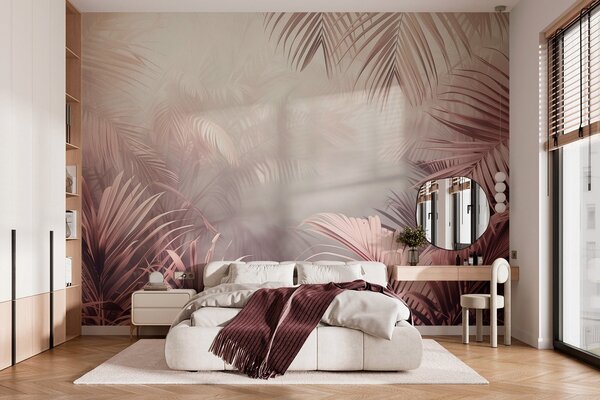 Tapet junglă tropicală cu o nuanță roz, Fototapet Natură, Fototapet Foi de palmier, w04142 : Uwalls.ro