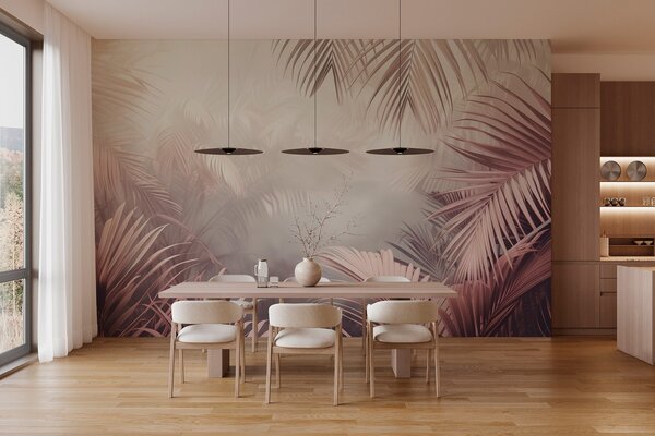 Tapet junglă tropicală cu o nuanță roz, Fototapet Natură, Fototapet Foi de palmier, w04142 : Uwalls.ro