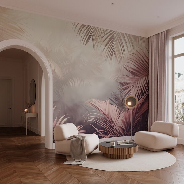 Tapet junglă tropicală cu o nuanță roz, Fototapet Natură, Fototapet Foi de palmier, w04142 : Uwalls.ro