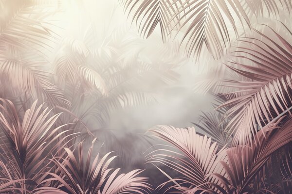 Tapet junglă tropicală cu o nuanță roz, Fototapet Natură, Fototapet Foi de palmier, w04142 : Uwalls.ro